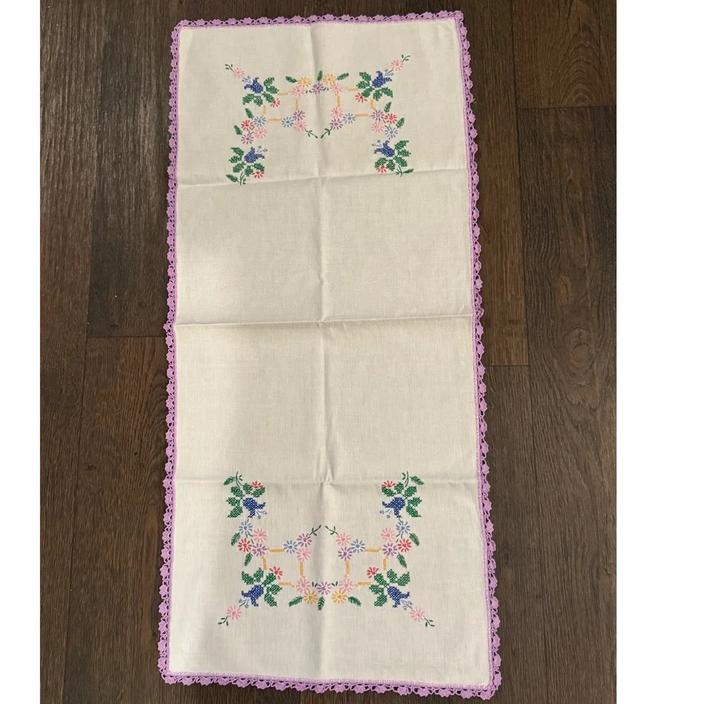 Vintage 42 X 19 Embroidered Floral Cross Stitch Table Runner Purple Crochet Trim